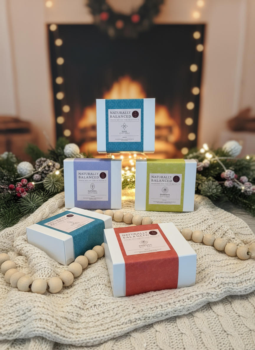 Assorted boxes with labels on a textured surface in front of a fireplace with Christmas decorations.
