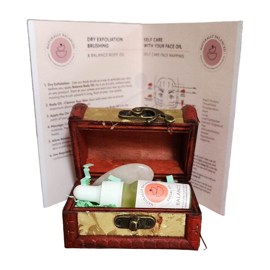Wooden treasure chest with self-care products and an open manual on a white background