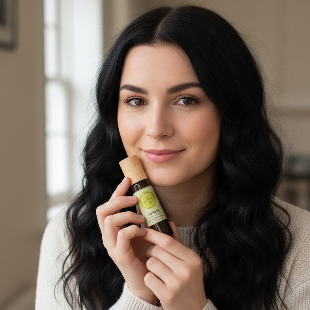 close up of a woman holding up a bottle of a natural skincare product