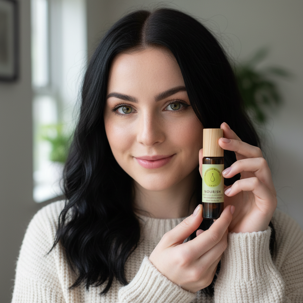close up of a woman holding a bottle of Naturally Balanced Facial Oil