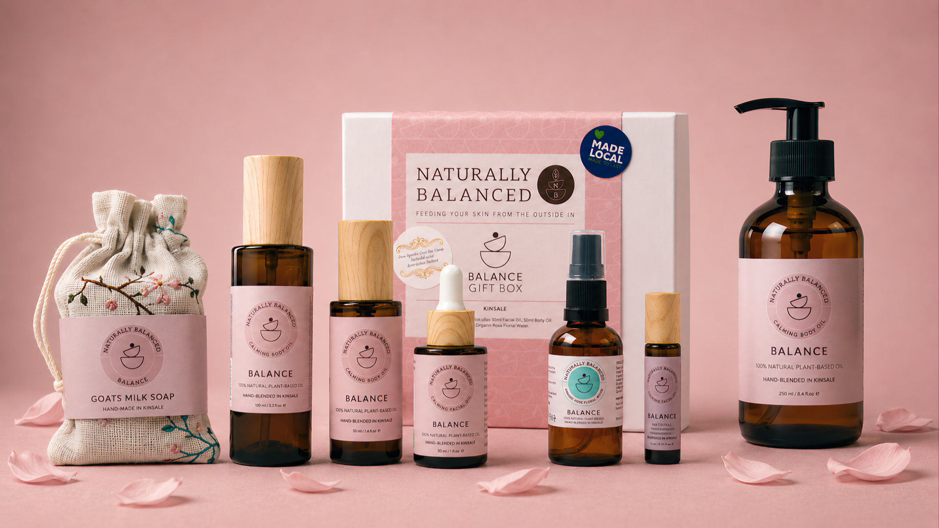 Collection of skincare products with 'Naturally Balanced' branding on a pink background