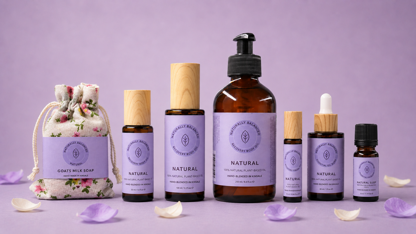 Collection of natural skincare products on a purple background