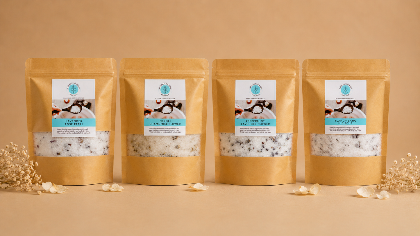 Four brown packaging bags with white labels on a beige background
