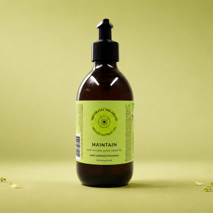 Bottle of 'Maintain' on a light green background with decorative elements.