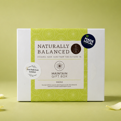 Product packaging labeled 'Naturally Balanced' on a green background with decorative elements.