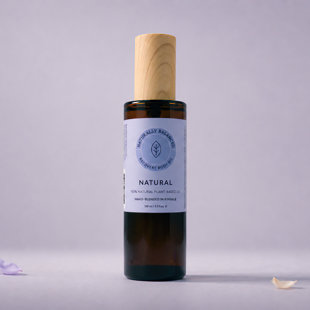Bottle of natural product with a wooden cap on a light gray background