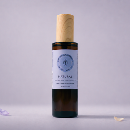 Bottle of natural product with a wooden cap on a light gray background