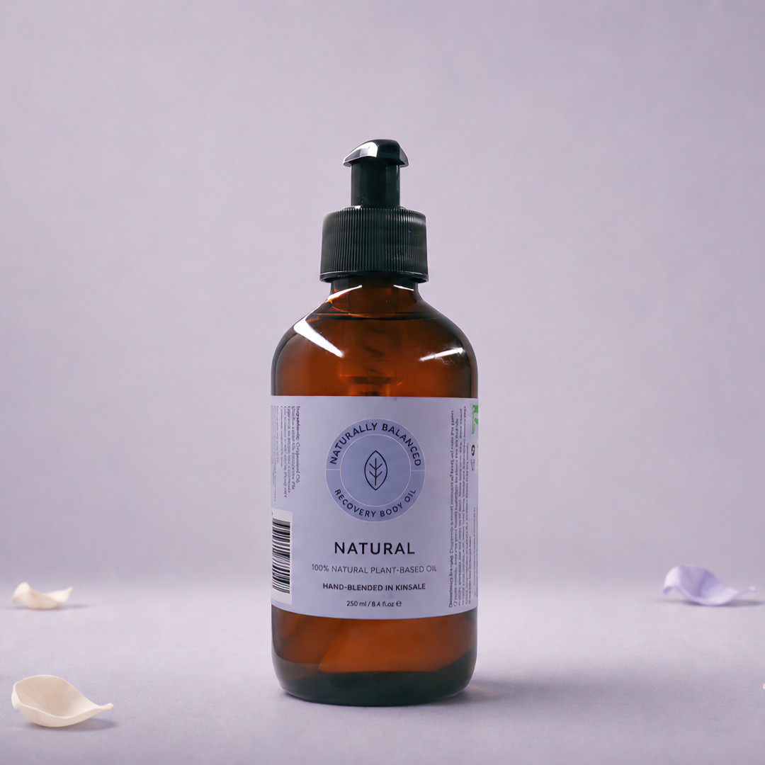 Brown bottle with a label on a light gray background