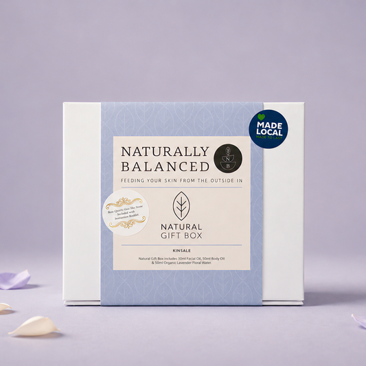 Product packaging labeled 'Naturally Balanced' on a light purple background with decorative elements.
