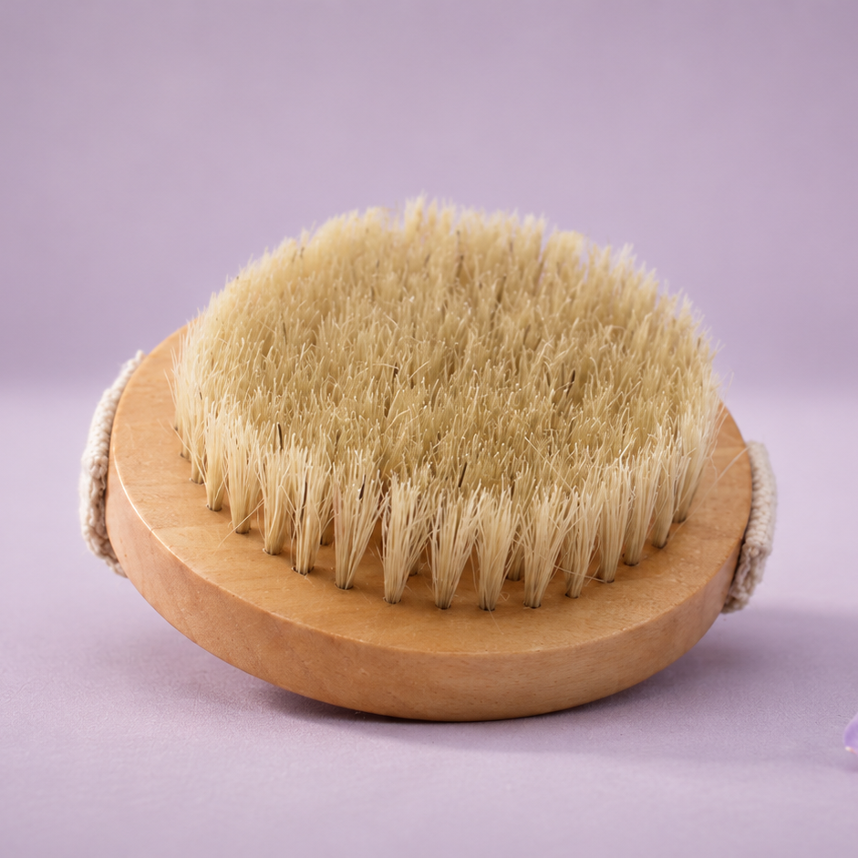 Bare skin body brush on a wooden handle with a purple background