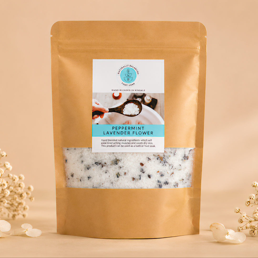 Brown packaging of peppermint lavender flower with a label on a beige background