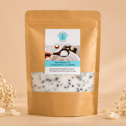 Brown packaging of peppermint lavender flower with a label on a beige background