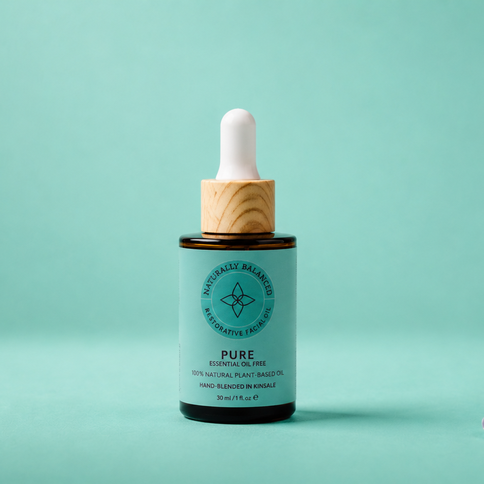Skincare dropper bottle with green label on a light blue background