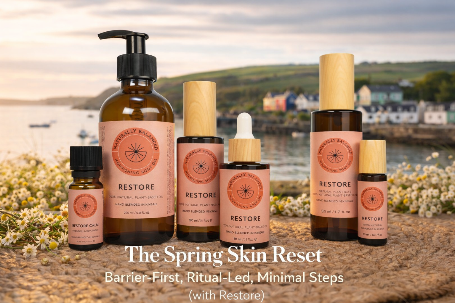 Collection of skincare products with 'Restore' label against a scenic background