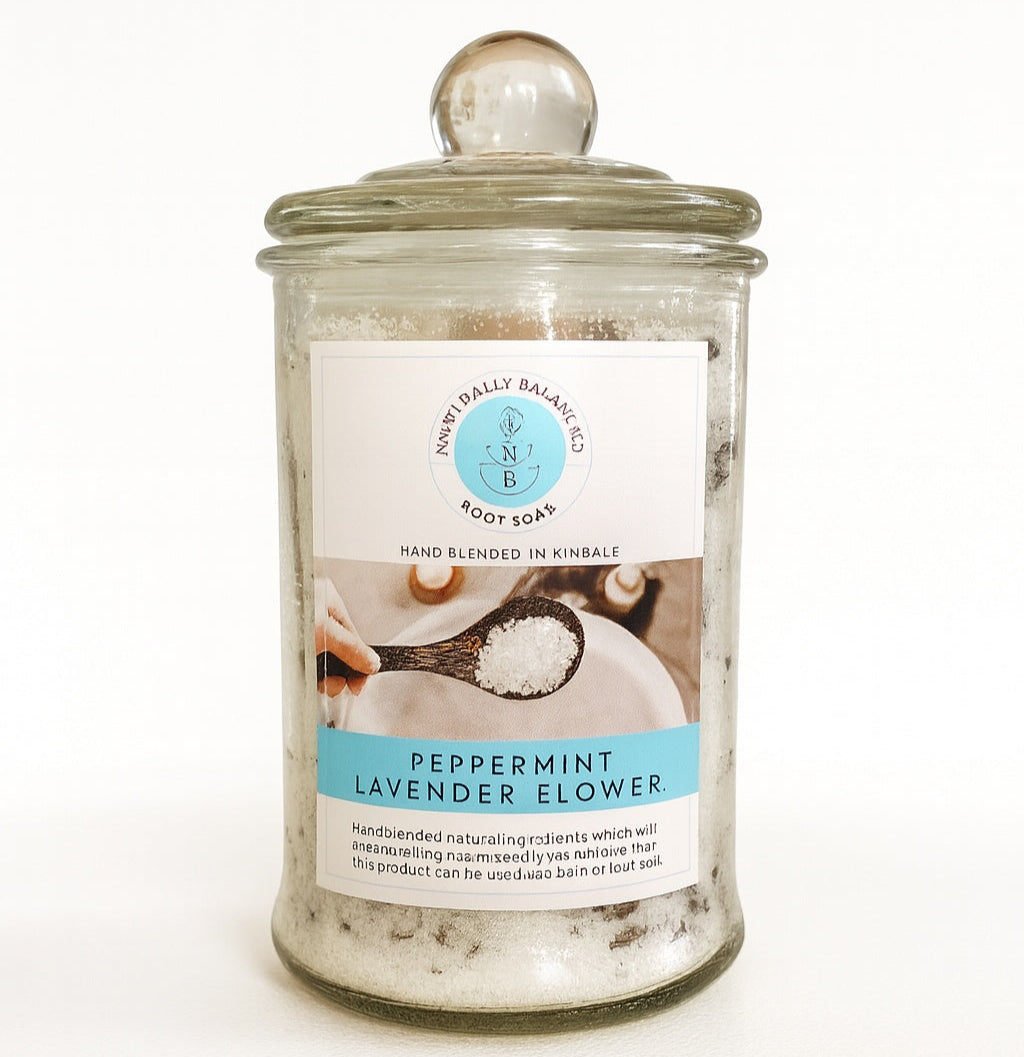 Jar of bath salts with a label on a white background
